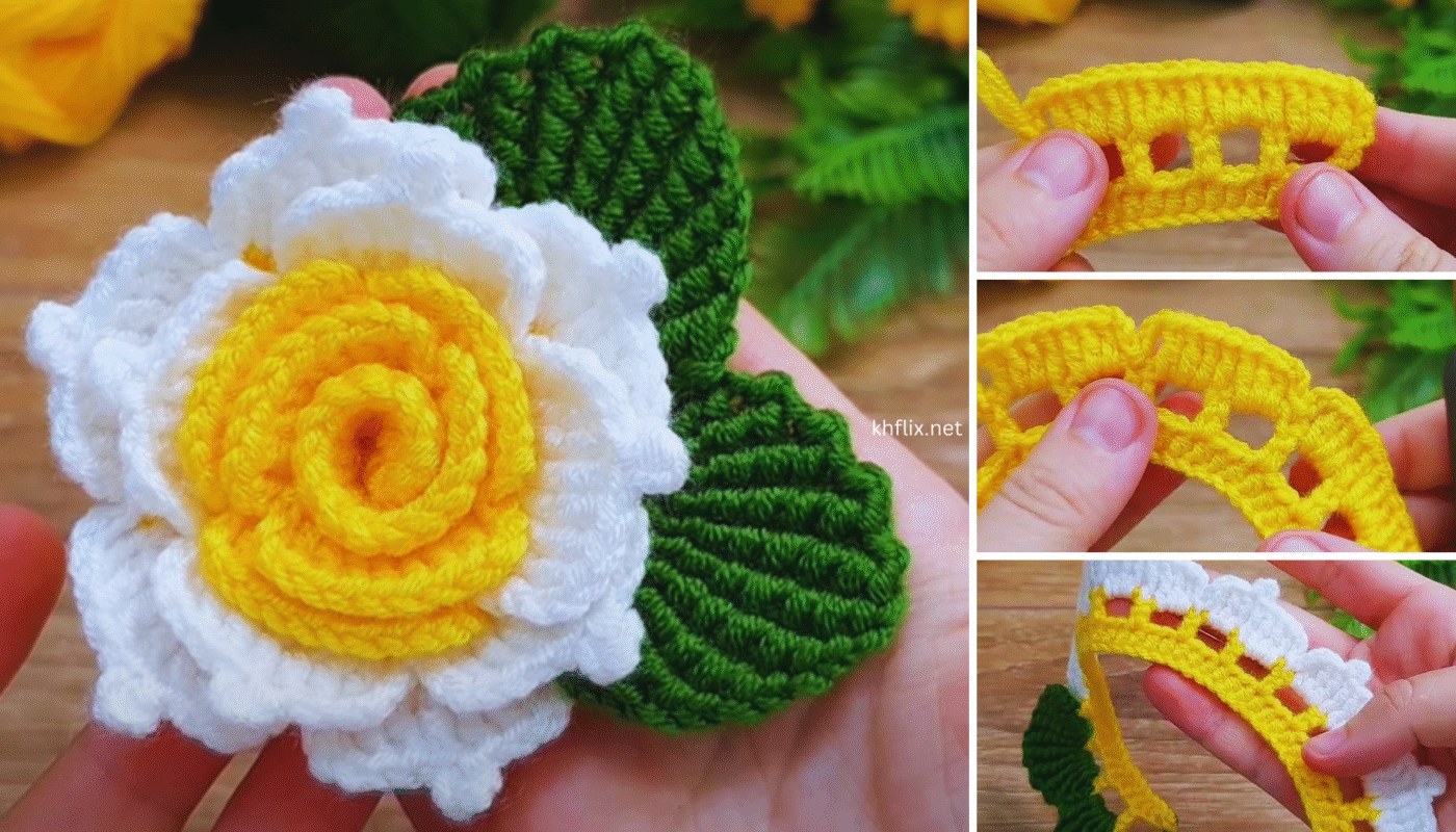 3D very easy 3-color gorgeous crochet rose model explanation