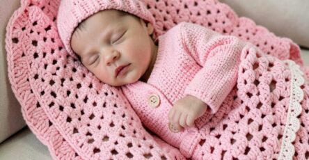 Crochet Pink Baby Bonnet, Cardigan, and Blanket Set for Newborn Photography