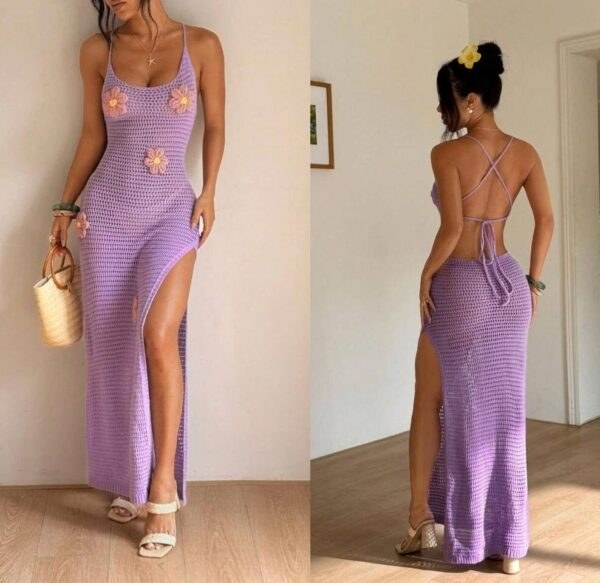 Long Crochet Dress with Roses - Crafts Ideas